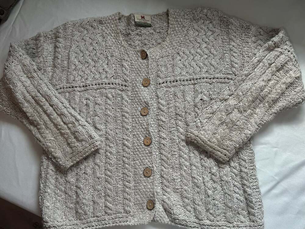 Irish Aran Cable Knit Cardigan Linen Blend Fisherman Coastal Women’s S